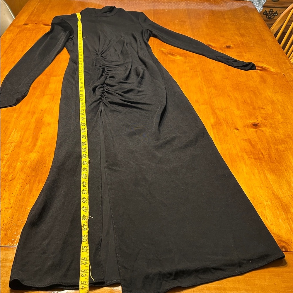 Zara Black Draped Sheath Long Sleeve Ruched Mock Neck Dress with Side Slit Glam - Picture 4 of 14